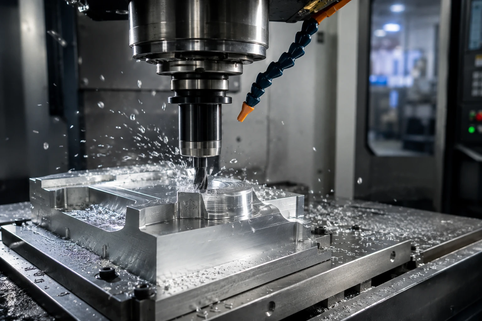 A CNC mill cutting an aluminum part under coolant spray